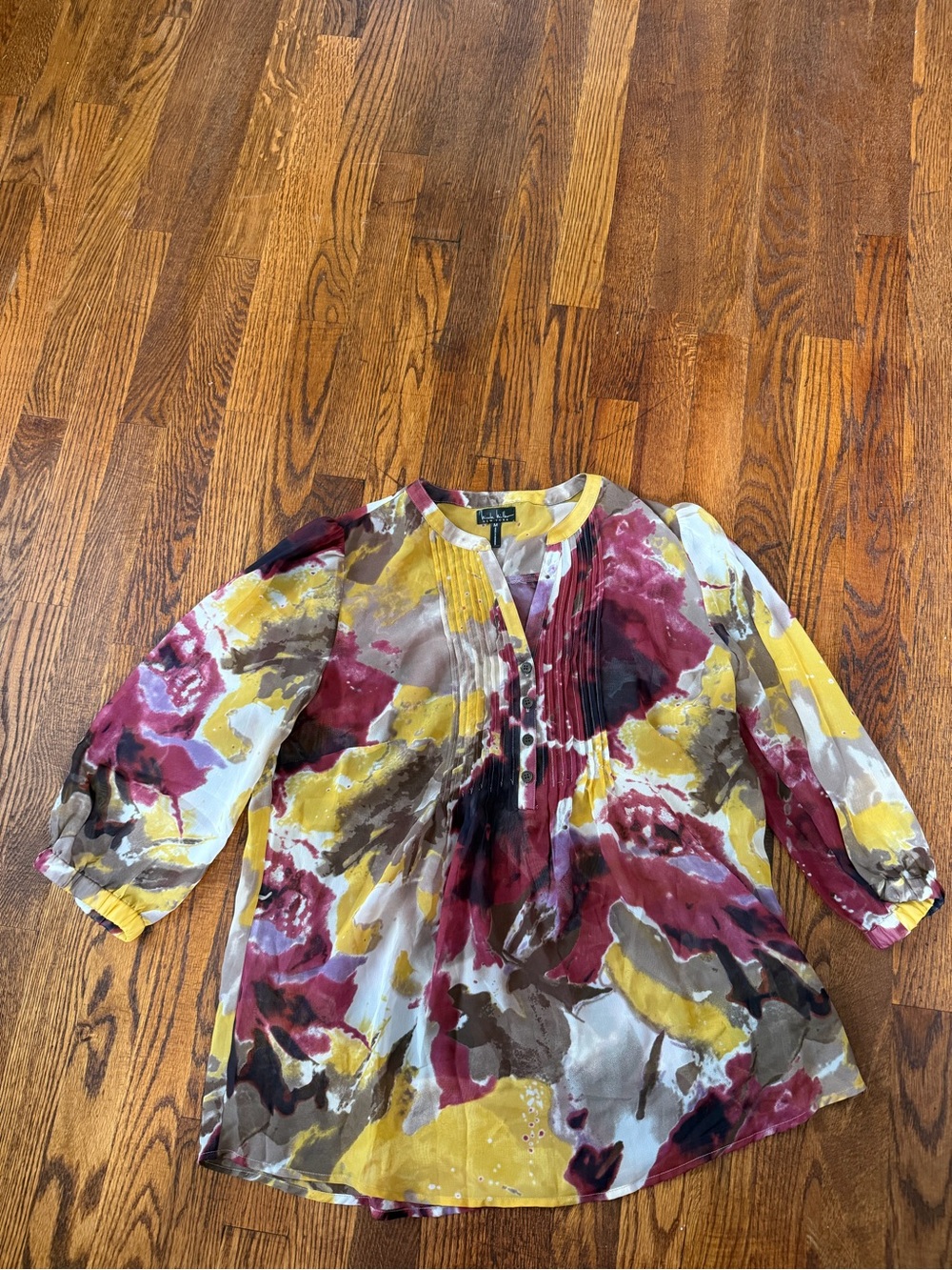 Nicole Miller Yellow, Burgundy & Taupe Floral Sheer Tunic